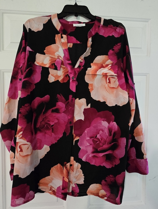 Calvin Klein Tops - Calvin Klein Black Button-Front Blouse with Magenta & Peach Floral Print
